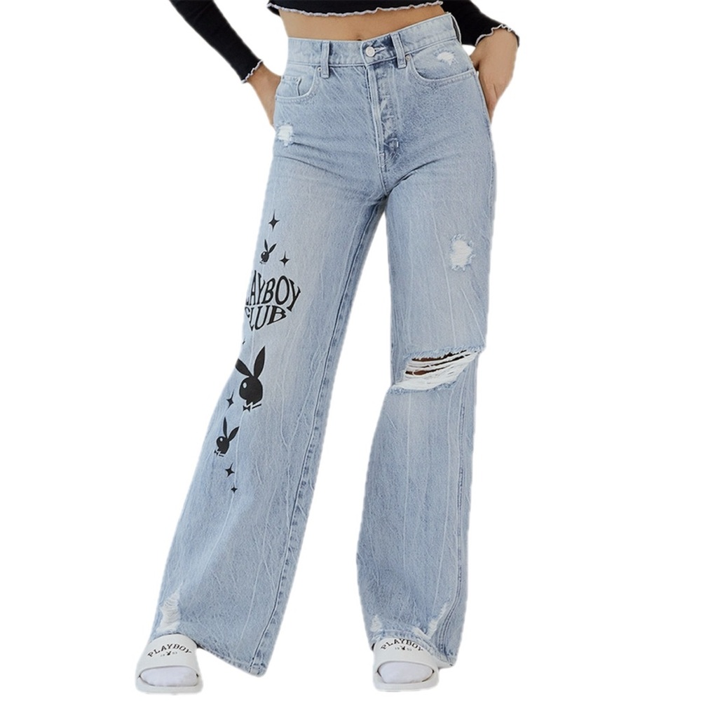 Playboy By PacSun Eco Super Distressed High Waisted Baggy Jeans rips graphics